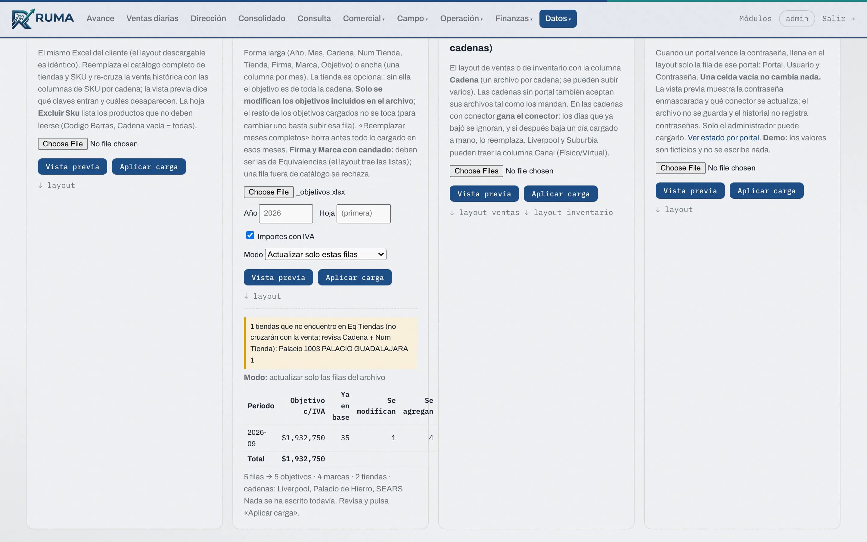Cargas con vista previa. Subes el Excel de objetivos y antes de aplicarlo ves exactamente qué entra y qué se rechaza.